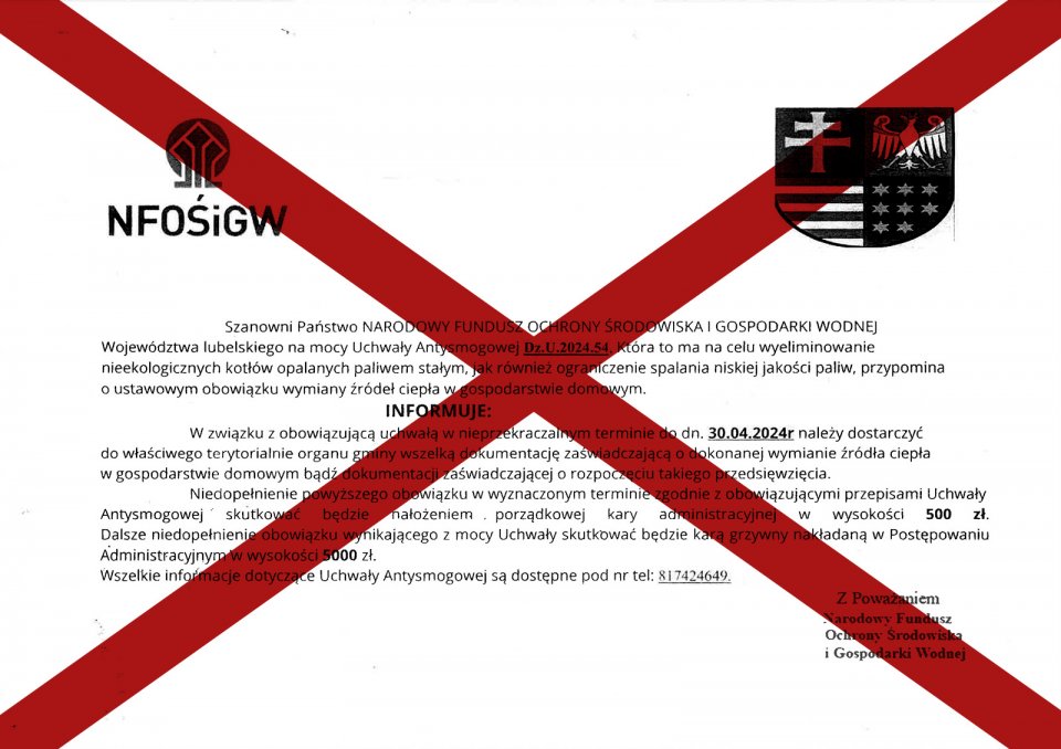 Fałszywa ulotka informująca o konieczności wymiany starego pieca