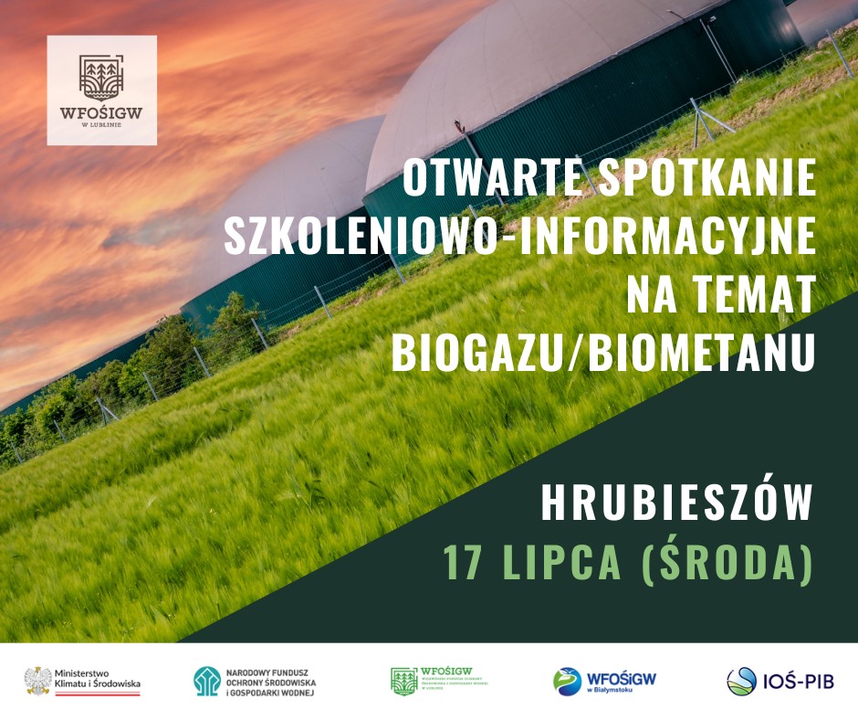 Plik graficzny w formie ulotki dotyczący spotkania szkoleniowo-informacyjnego na temat biogazu/biometanu